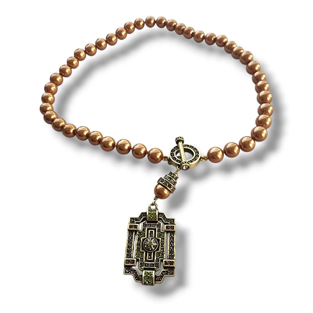 NEW HEIDI DAUS CLASSIC Gold Swarovski Crystal Glass Pearl Toggle Signed‎ Cognac